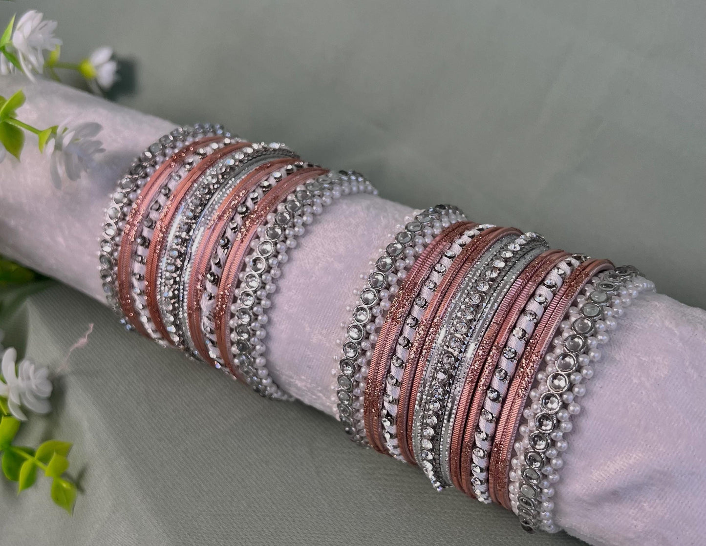 Small Silver & Pink Pearly Bangle Set - Both Arms/Pink Bangle Set/ Silver Bangle Set/ Pearly Bangle Set/Valentines Collection