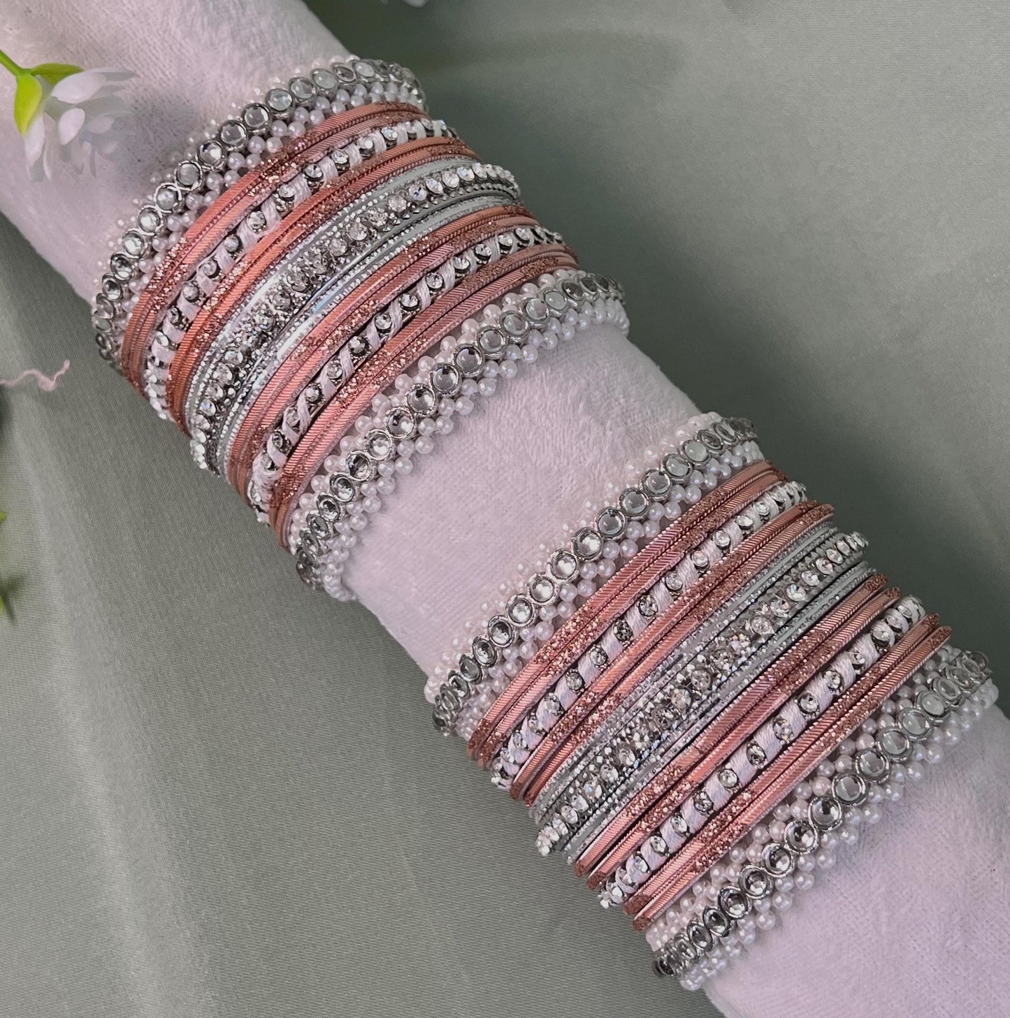 Small Silver & Pink Pearly Bangle Set - Both Arms/Pink Bangle Set/ Silver Bangle Set/ Pearly Bangle Set/Valentines Collection