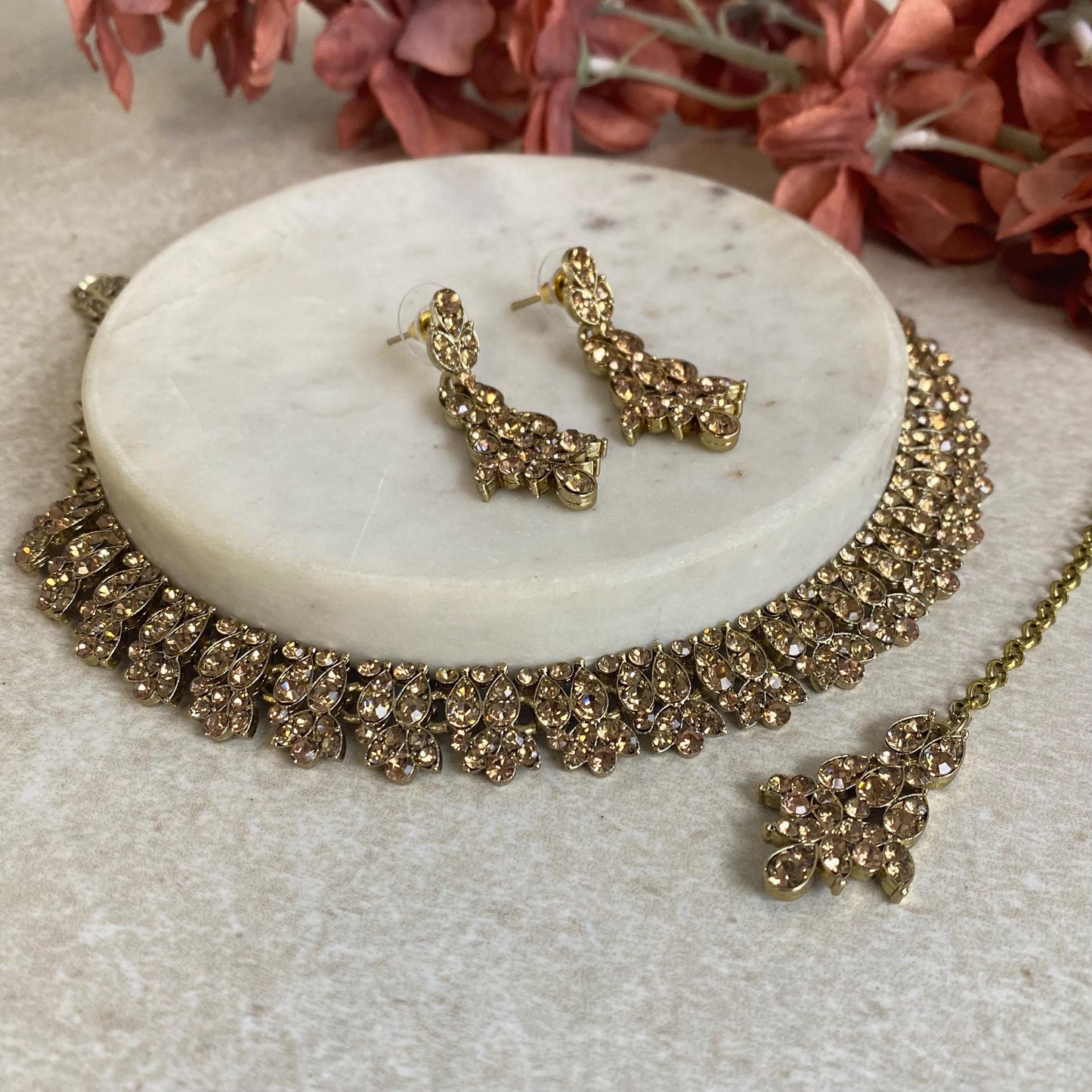 Golden Elegant Necklace Set Small Earring Tikka Tikli Indian Pakistani Fashion Jewellery Gift for Her Civil Registry Wedding Party Valentine