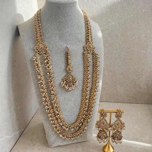 Gold /Antique Gold with Golden Rhinestone Long Necklace set With Jhumka Earring and Tikka/long necklace/ Haar/ Mala/ Earring/Wedding/Fashion
