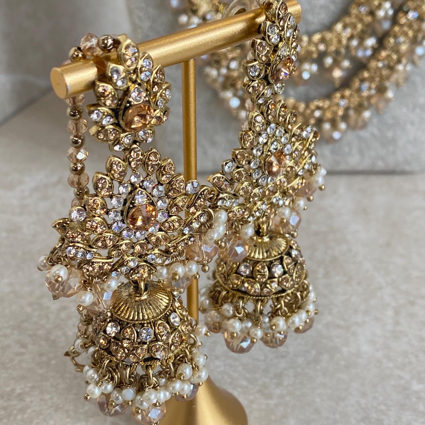 Gold /Antique Gold with Golden Rhinestone Long Necklace set With Jhumka Earring and Tikka/long necklace/ Haar/ Mala/ Earring/Wedding/Fashion