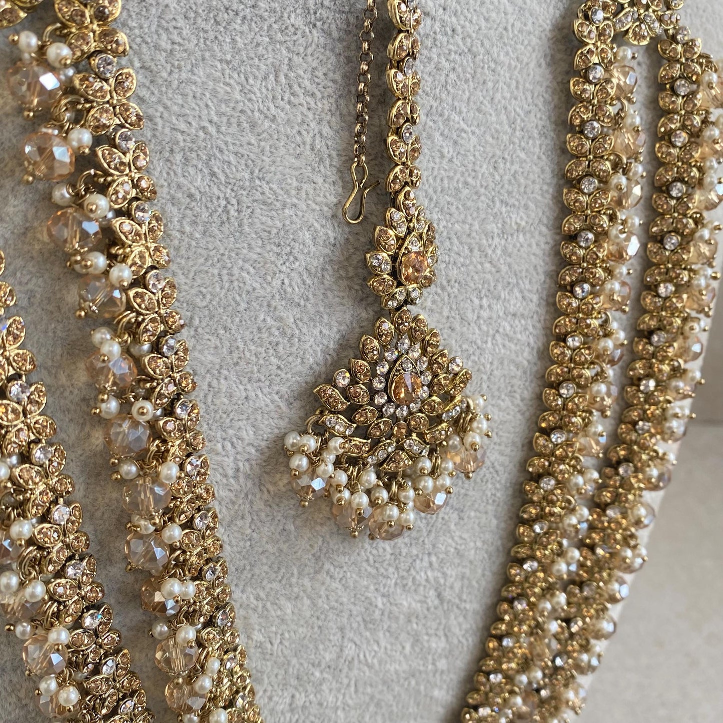 Gold /Antique Gold with Golden Rhinestone Long Necklace set With Jhumka Earring and Tikka/long necklace/ Haar/ Mala/ Earring/Wedding/Fashion