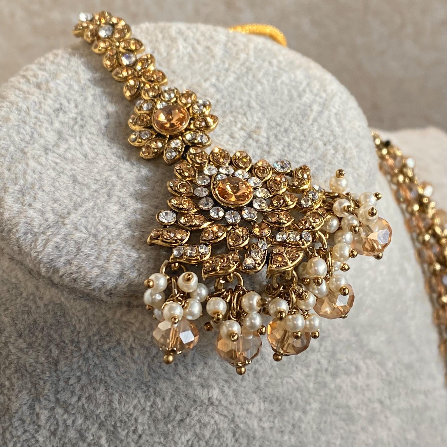 Gold /Antique Gold with Golden Rhinestone Long Necklace set With Jhumka Earring and Tikka/long necklace/ Haar/ Mala/ Earring/Wedding/Fashion