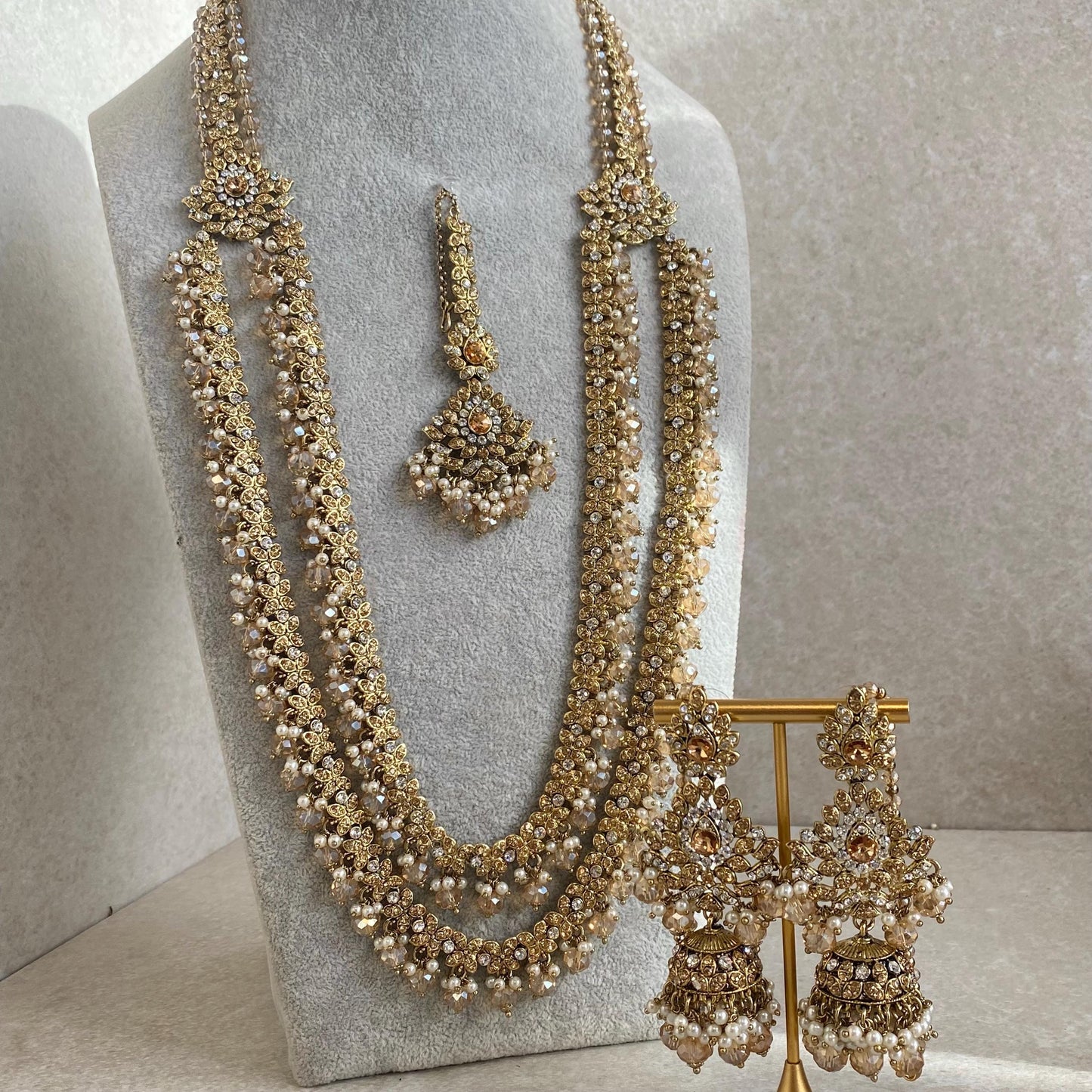 Gold /Antique Gold with Golden Rhinestone Long Necklace set With Jhumka Earring and Tikka/long necklace/ Haar/ Mala/ Earring/Wedding/Fashion
