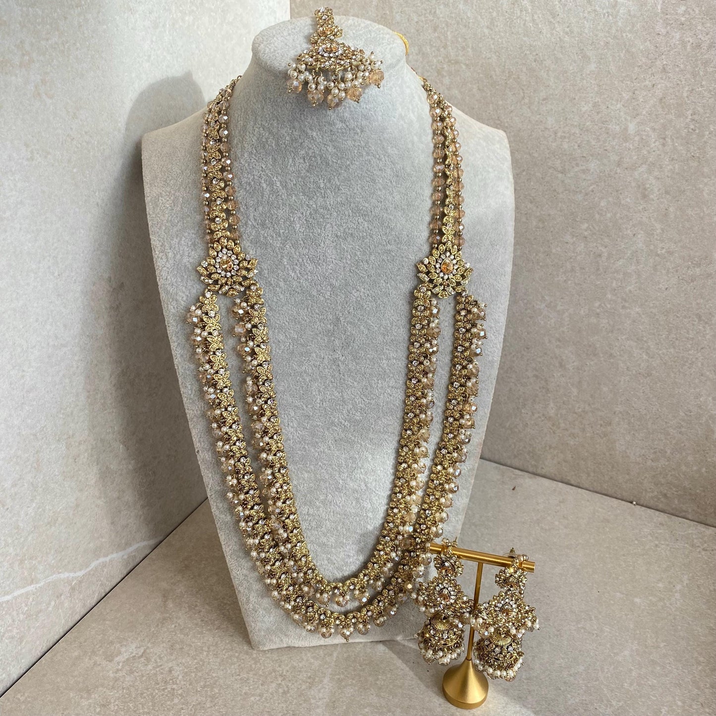 Gold /Antique Gold with Golden Rhinestone Long Necklace set With Jhumka Earring and Tikka/long necklace/ Haar/ Mala/ Earring/Wedding/Fashion