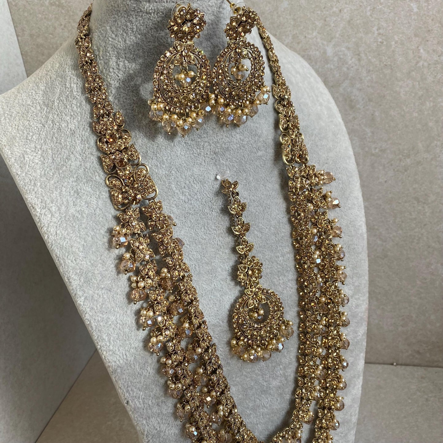 Gold /Antique Gold with Golden Rhinestone Long Necklace set With Flat Earring and Tikka/long necklace/ Haar/ Mala/ Earring/Wedding/Fashion