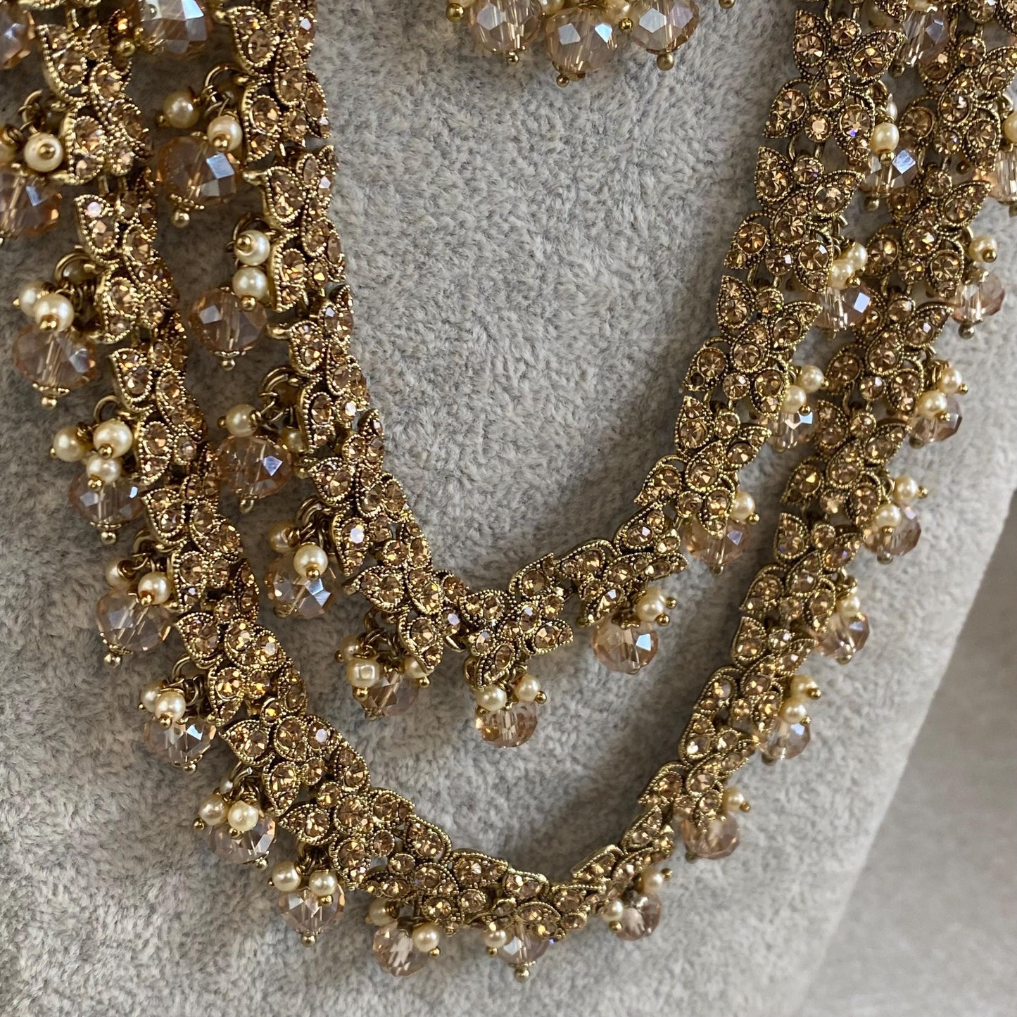 Gold /Antique Gold with Golden Rhinestone Long Necklace set With Flat Earring and Tikka/long necklace/ Haar/ Mala/ Earring/Wedding/Fashion