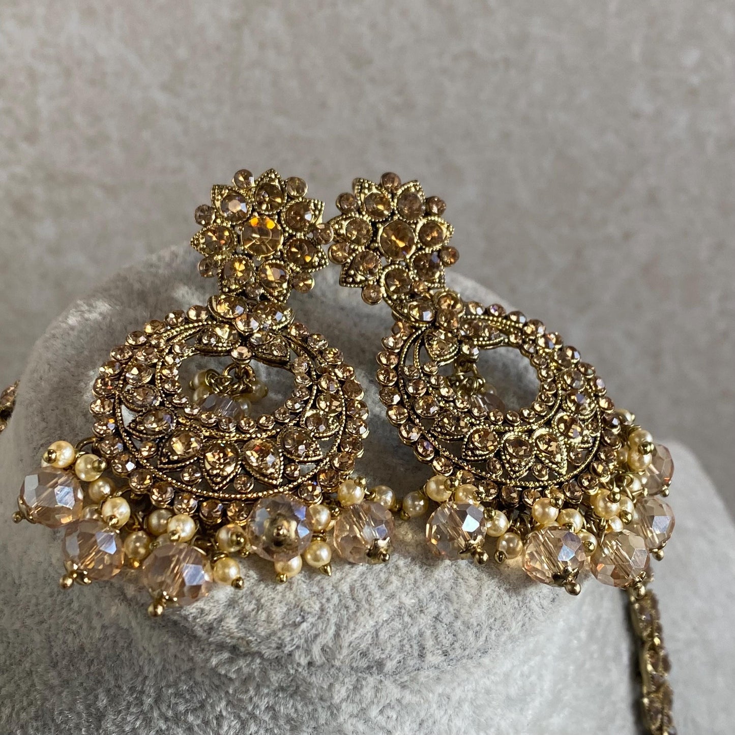 Gold /Antique Gold with Golden Rhinestone Long Necklace set With Flat Earring and Tikka/long necklace/ Haar/ Mala/ Earring/Wedding/Fashion