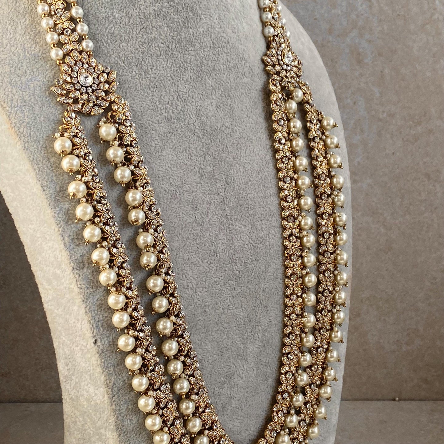 Antique Gold with Clear Rhinestone Long Necklace/ Haar/ Mala/ Earring/Wedding/Fashion/ Bride Wedding Guest Indian Pakistani Punjabi Jeweller