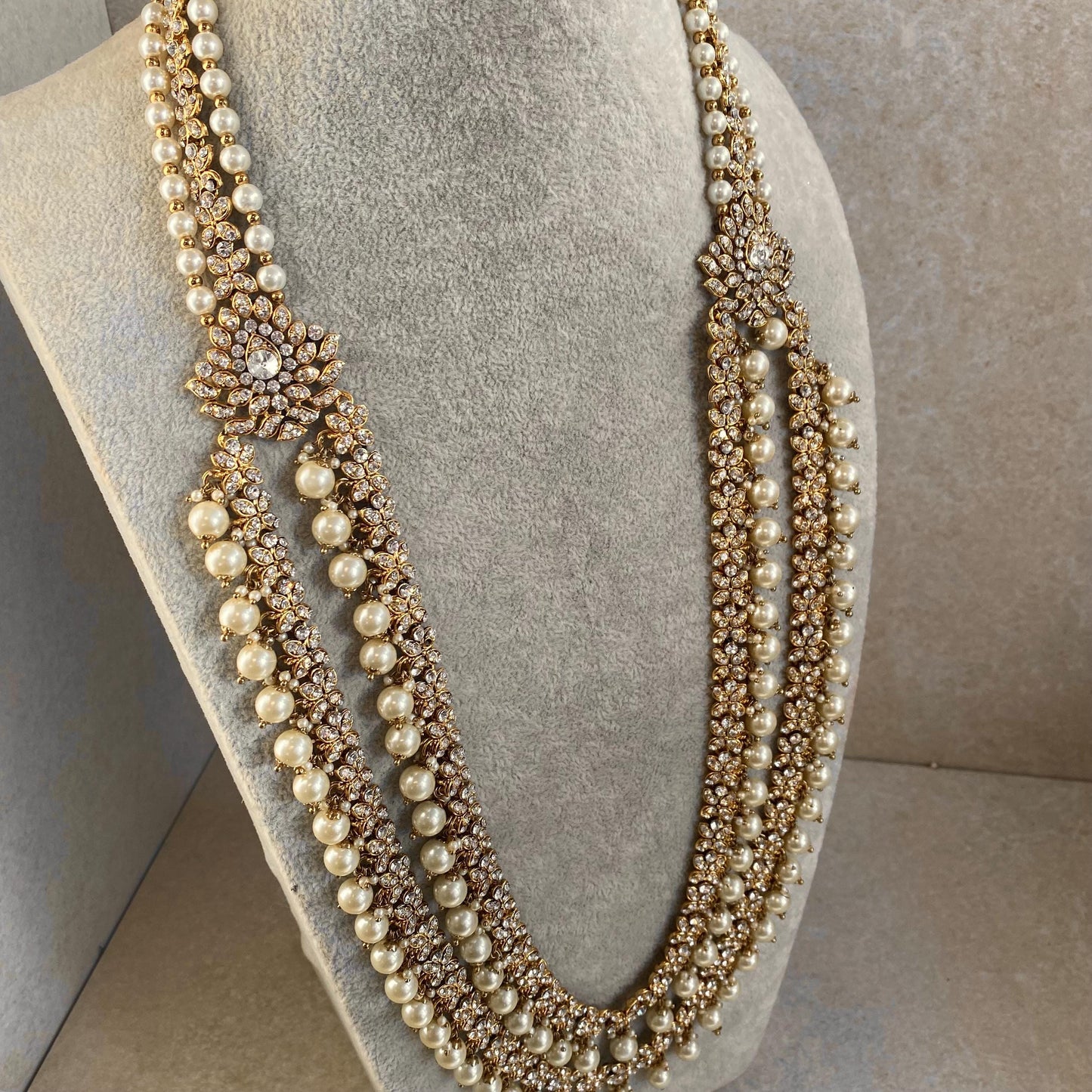 Antique Gold with Clear Rhinestone Long Necklace/ Haar/ Mala/ Earring/Wedding/Fashion/ Bride Wedding Guest Indian Pakistani Punjabi Jeweller
