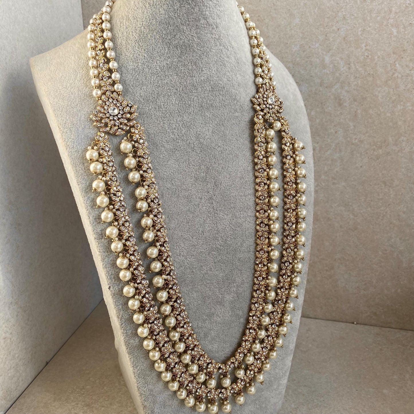 Antique Gold with Clear Rhinestone Long Necklace/ Haar/ Mala/ Earring/Wedding/Fashion/ Bride Wedding Guest Indian Pakistani Punjabi Jeweller