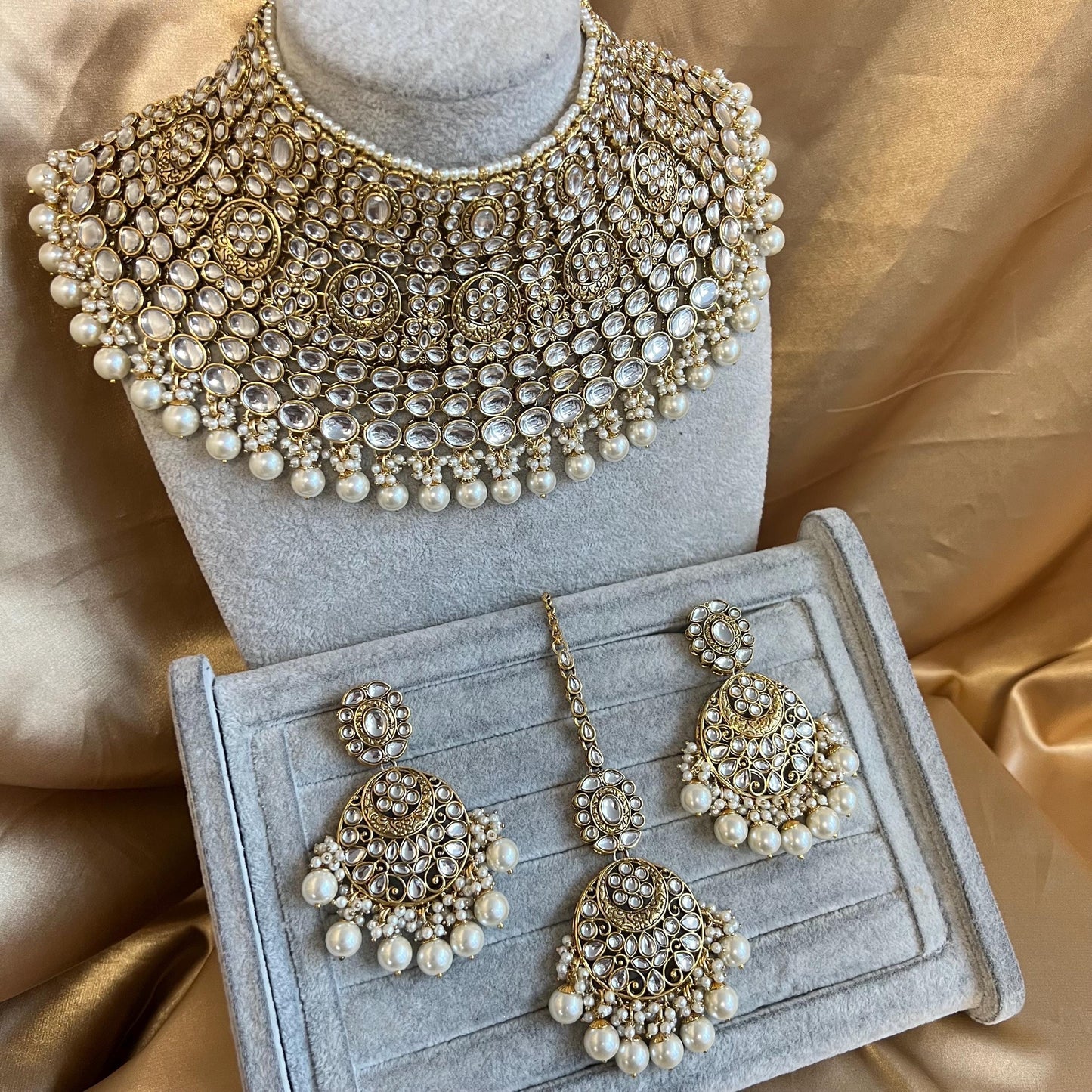 Large Beautiful Faux Kundan Heavy Bridal Choker Earring Tikka Indian Pakistani Bollywood Fashion Jewellery High Quality Clear Stone Pearl