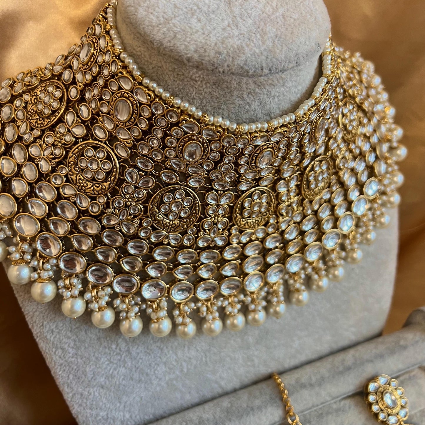 Large Beautiful Faux Kundan Heavy Bridal Choker Earring Tikka Indian Pakistani Bollywood Fashion Jewellery High Quality Clear Stone Pearl