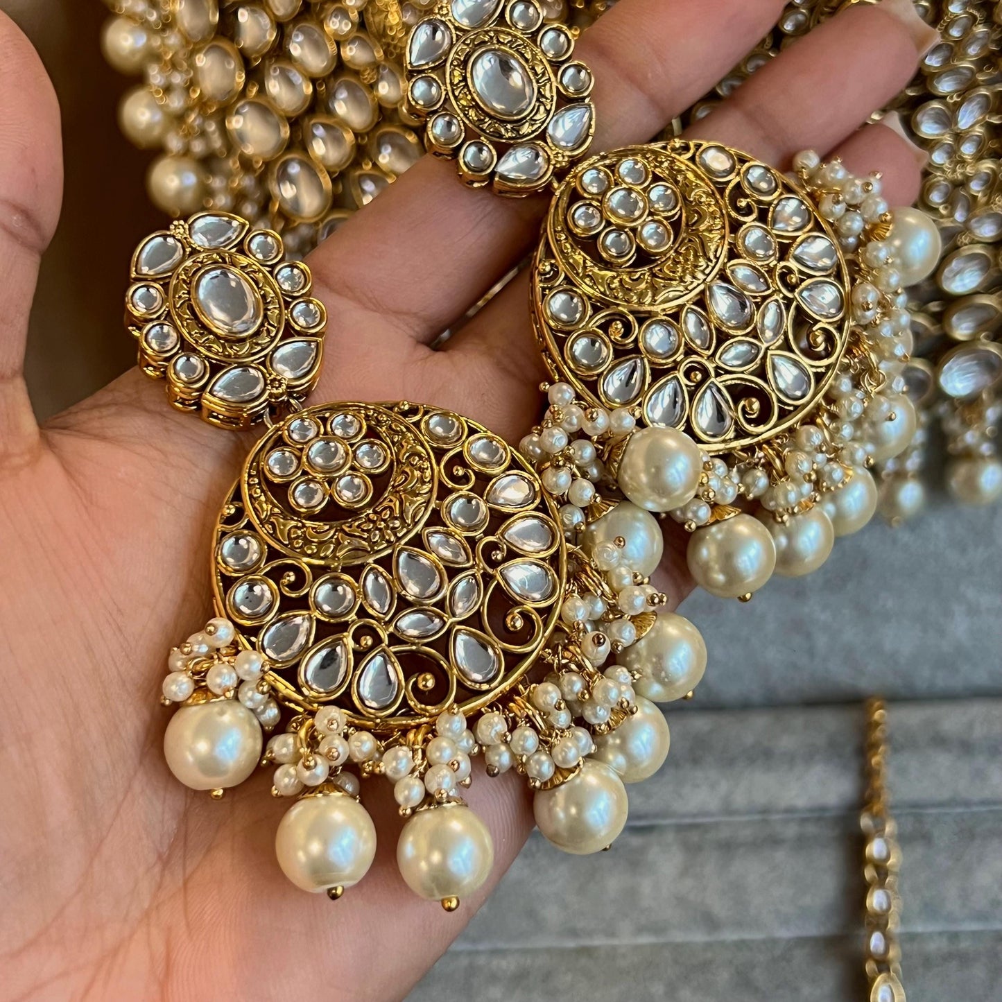 Large Beautiful Faux Kundan Heavy Bridal Choker Earring Tikka Indian Pakistani Bollywood Fashion Jewellery High Quality Clear Stone Pearl