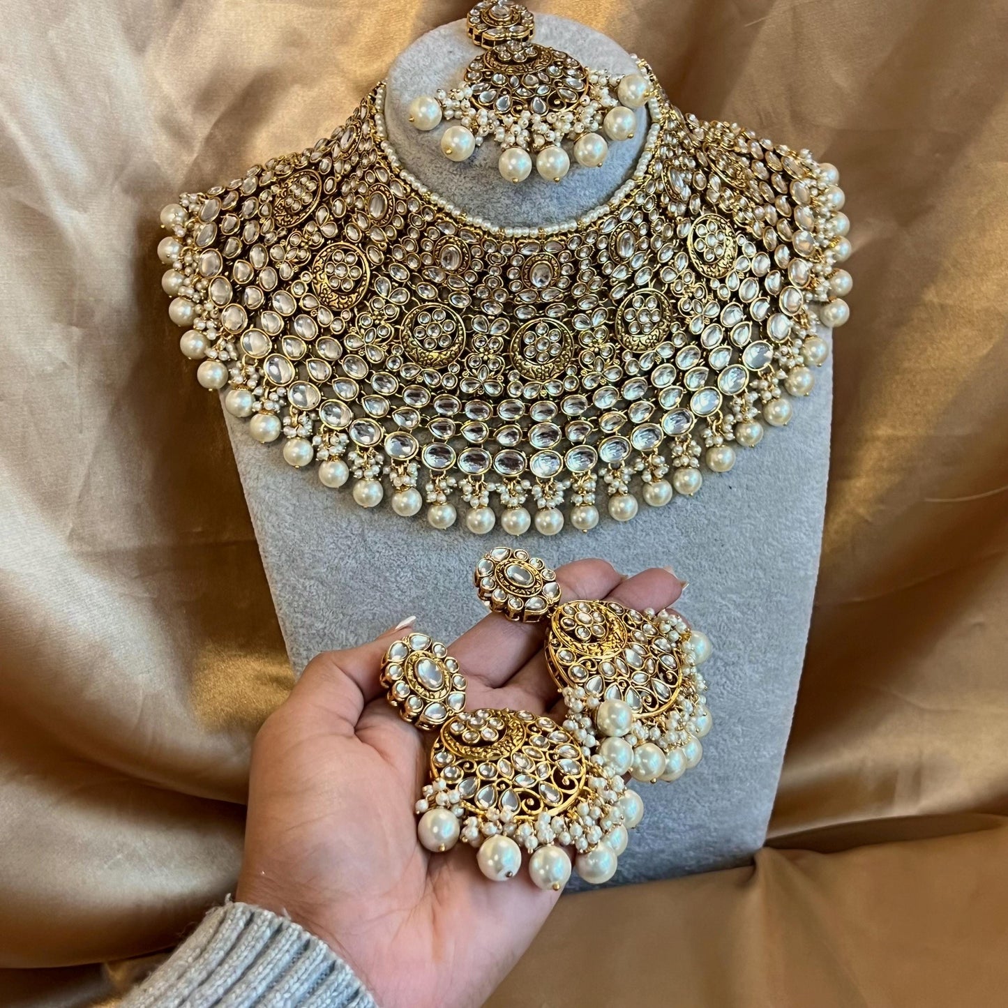 Large Beautiful Faux Kundan Heavy Bridal Choker Earring Tikka Indian Pakistani Bollywood Fashion Jewellery High Quality Clear Stone Pearl