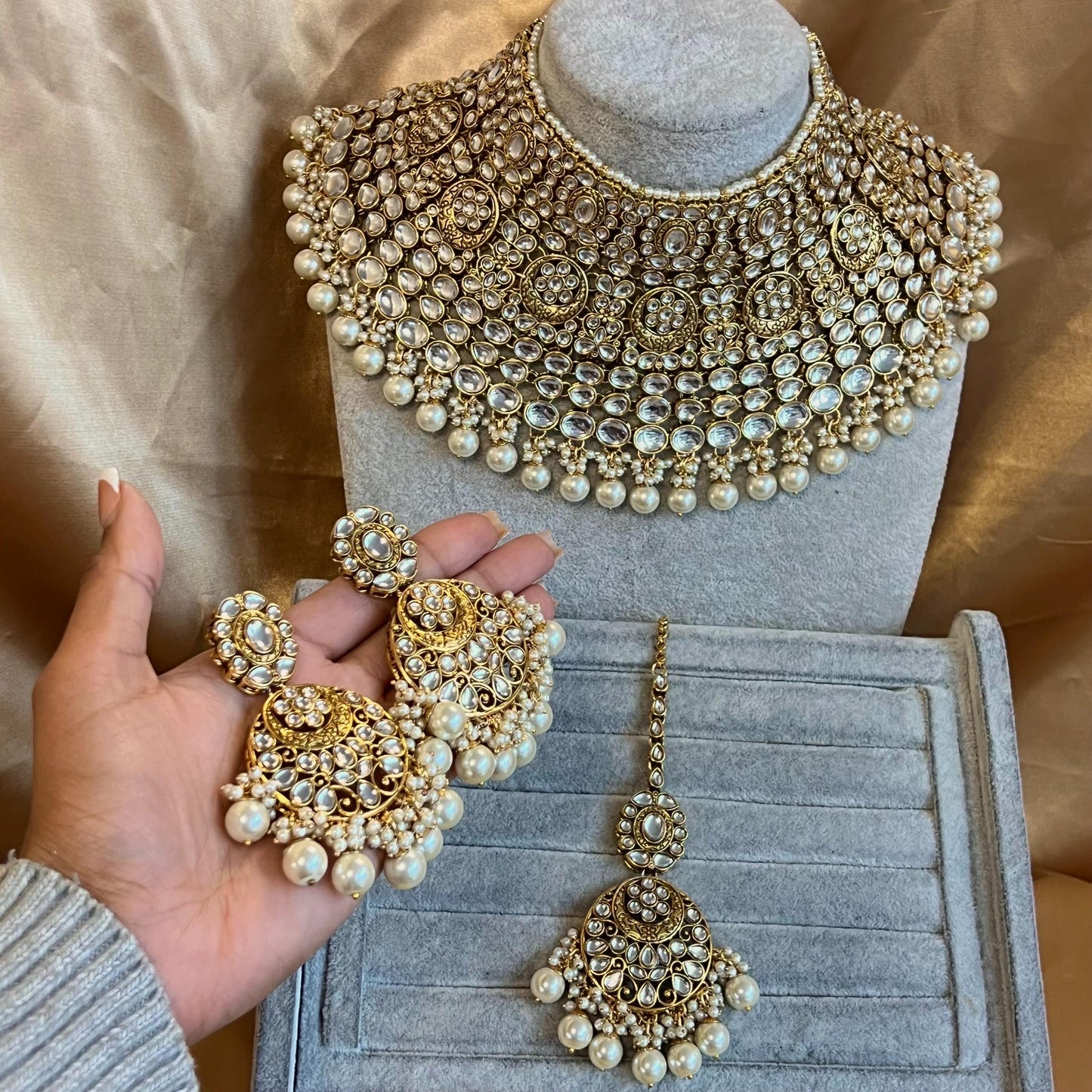 Large Beautiful Faux Kundan Heavy Bridal Choker Earring Tikka Indian Pakistani Bollywood Fashion Jewellery High Quality Clear Stone Pearl