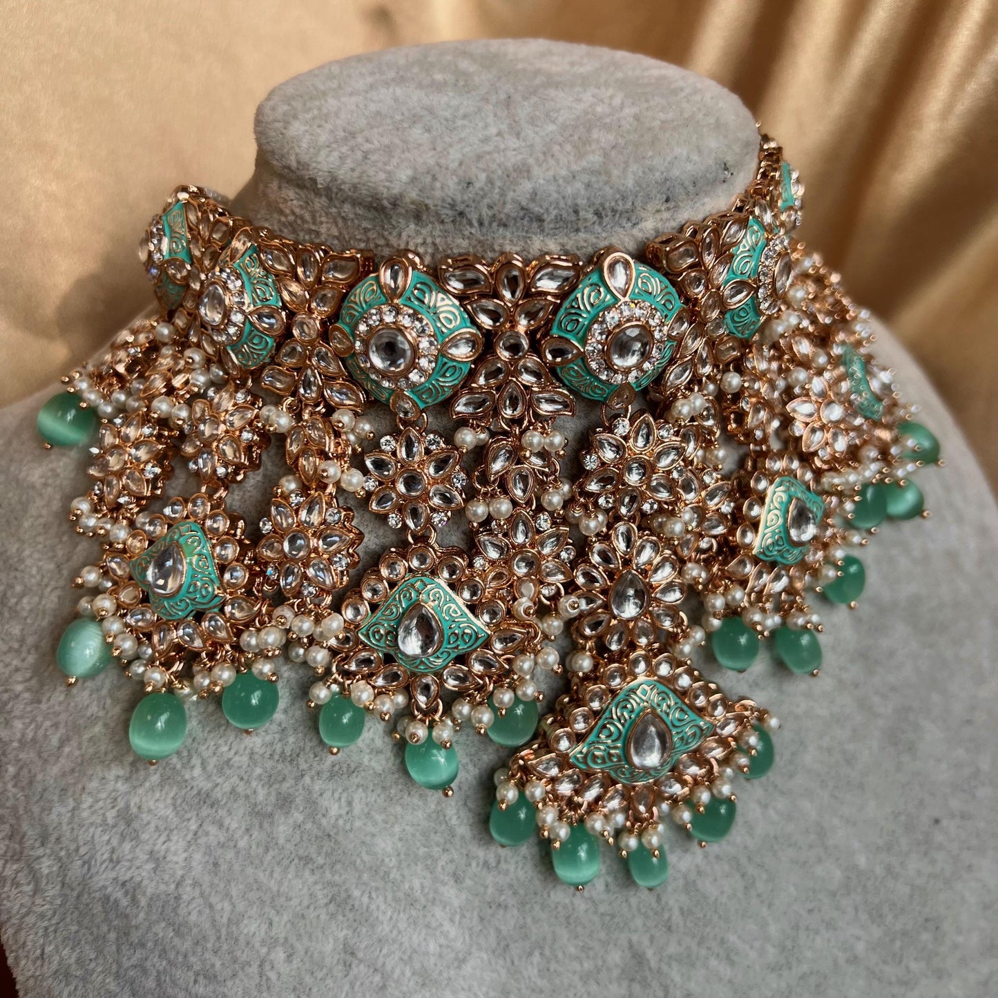 Mint Jade Faux Kundan Bridal Choker set Mala Jhumka Earring Tikka Jhumar Mathapatti Hand Harness Nose Ring Indian Pakistani Luxury Bridal!