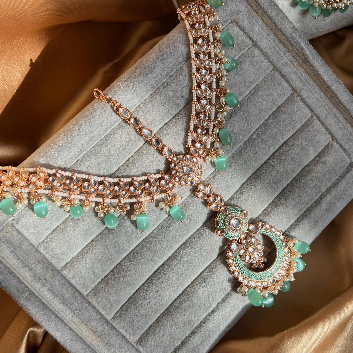 Mint Jade Faux Kundan Bridal Choker set Mala Jhumka Earring Tikka Jhumar Mathapatti Hand Harness Nose Ring Indian Pakistani Luxury Bridal!