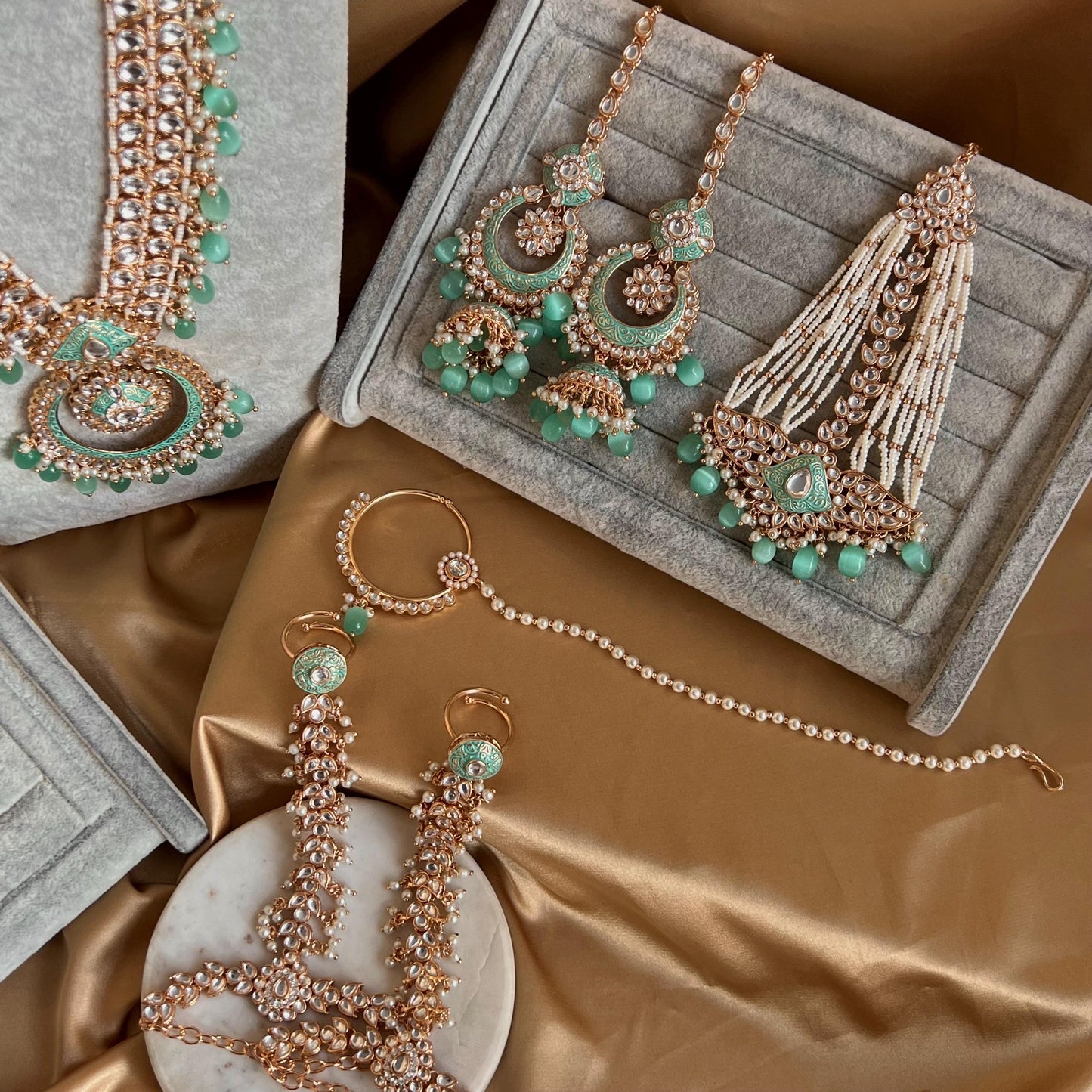 Mint Jade Faux Kundan Bridal Choker set Mala Jhumka Earring Tikka Jhumar Mathapatti Hand Harness Nose Ring Indian Pakistani Luxury Bridal!