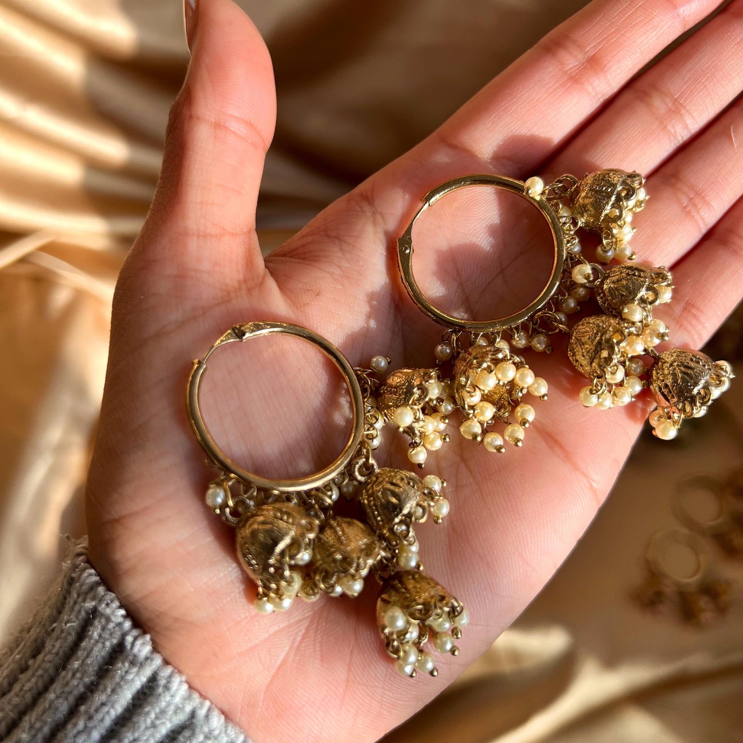 Hoop 3 Jhumka Detail Mix Colours Gold Lightweight High Quality Gift Eid Indian Pakistani Asain Fashion 1.5 Inch Small Wedding Party Mehndi