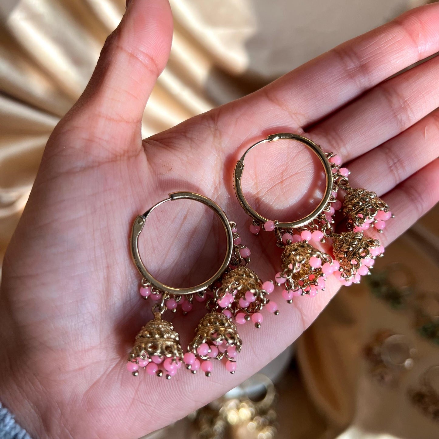 Hoop 3 Jhumka Detail Mix Colours Gold Lightweight High Quality Gift Eid Indian Pakistani Asain Fashion 1.5 Inch Small Wedding Party Mehndi