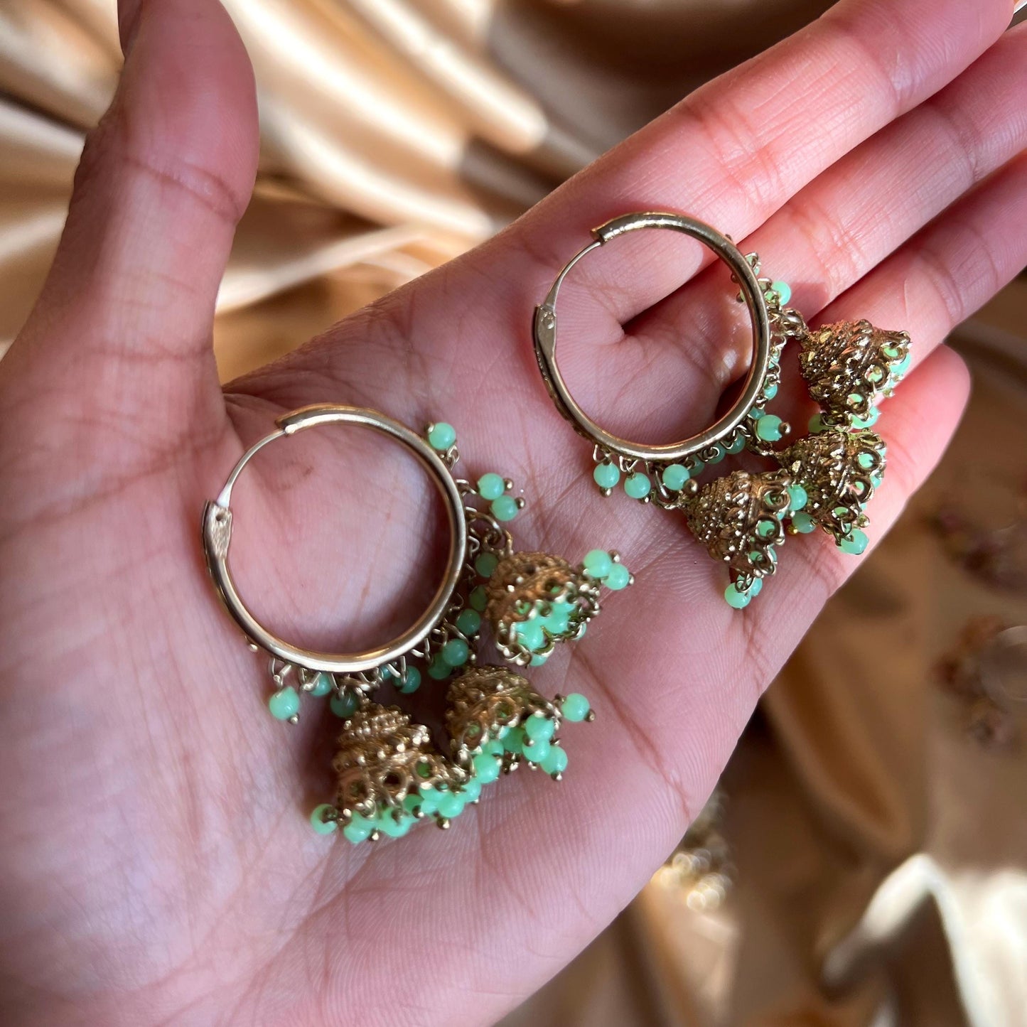 Hoop 3 Jhumka Detail Mix Colours Gold Lightweight High Quality Gift Eid Indian Pakistani Asain Fashion 1.5 Inch Small Wedding Party Mehndi