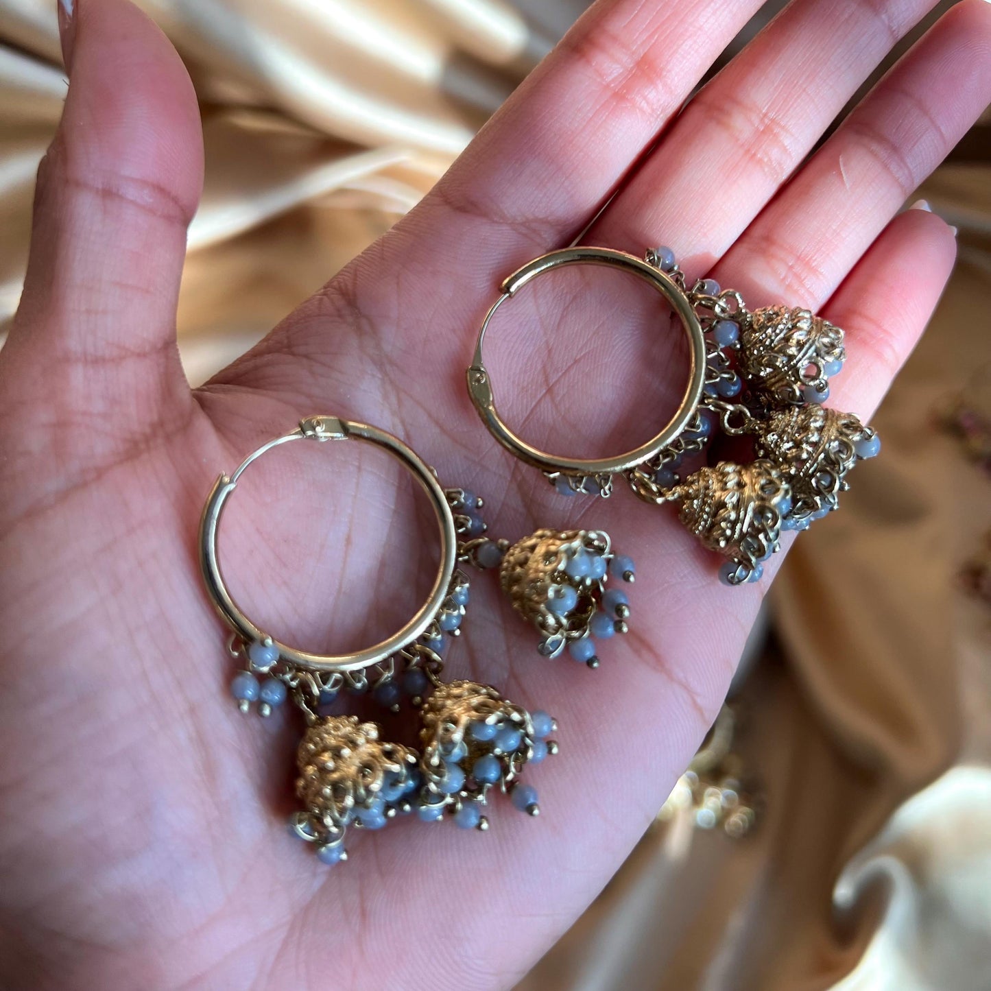 Hoop 3 Jhumka Detail Mix Colours Gold Lightweight High Quality Gift Eid Indian Pakistani Asain Fashion 1.5 Inch Small Wedding Party Mehndi