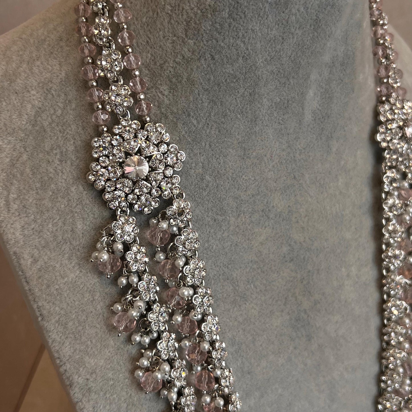 Pink Bead Silver Zircon Crystal/  Long Mala/ Haar/ Long Necklace/ Unique Style/ Indian/ Pakistani/Fashion Jewellery/ Gift for Women