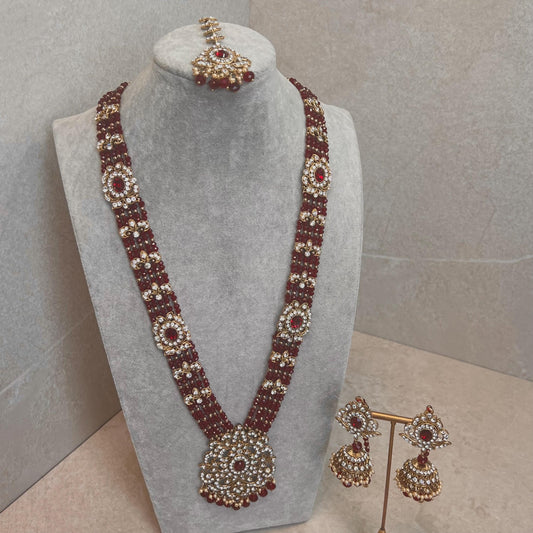 Bridal Maroon/Golden Long Mala/ Haar/ Long Necklace Set Earring Tikka / Unique Style/ Indian/ Pakistani/Fashion Jewellery/ Gift for her