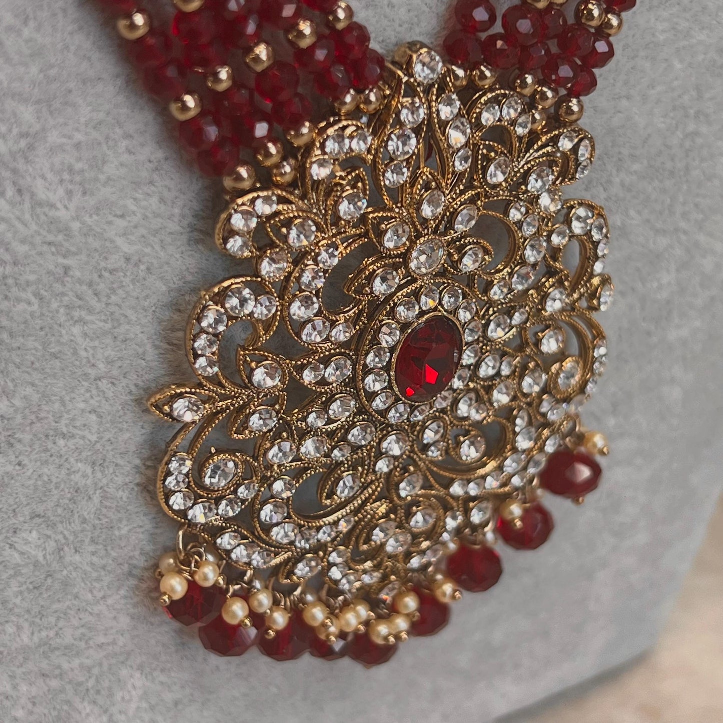 Bridal Maroon/Golden Long Mala/ Haar/ Long Necklace Set Earring Tikka / Unique Style/ Indian/ Pakistani/Fashion Jewellery/ Gift for her