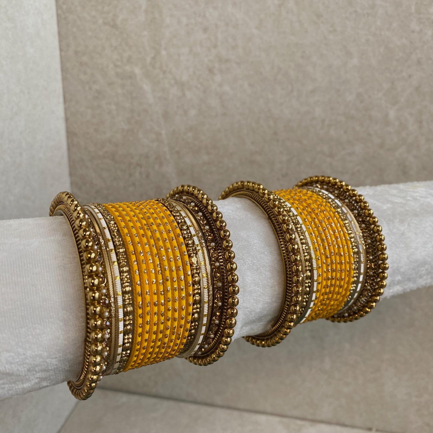 Mustard Velvet Bangle Set/Mustard Bangles/Mustard Churis/Yellow Bangle Sets/Yellow Bangles/Indian Bangles/Gold Ball Bangles