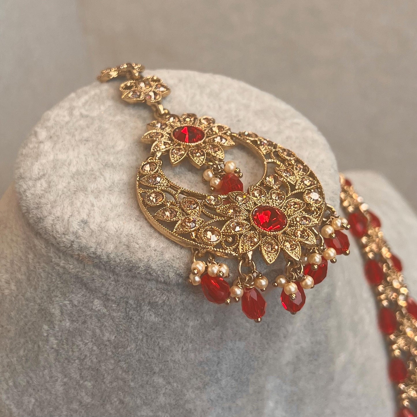 Bridal Red/Golden Long Mala/ Haar/ Long Necklace Set Earring Tikka / Unique Style/ Indian/ Pakistani/Fashion Jewellery/ Gift for her