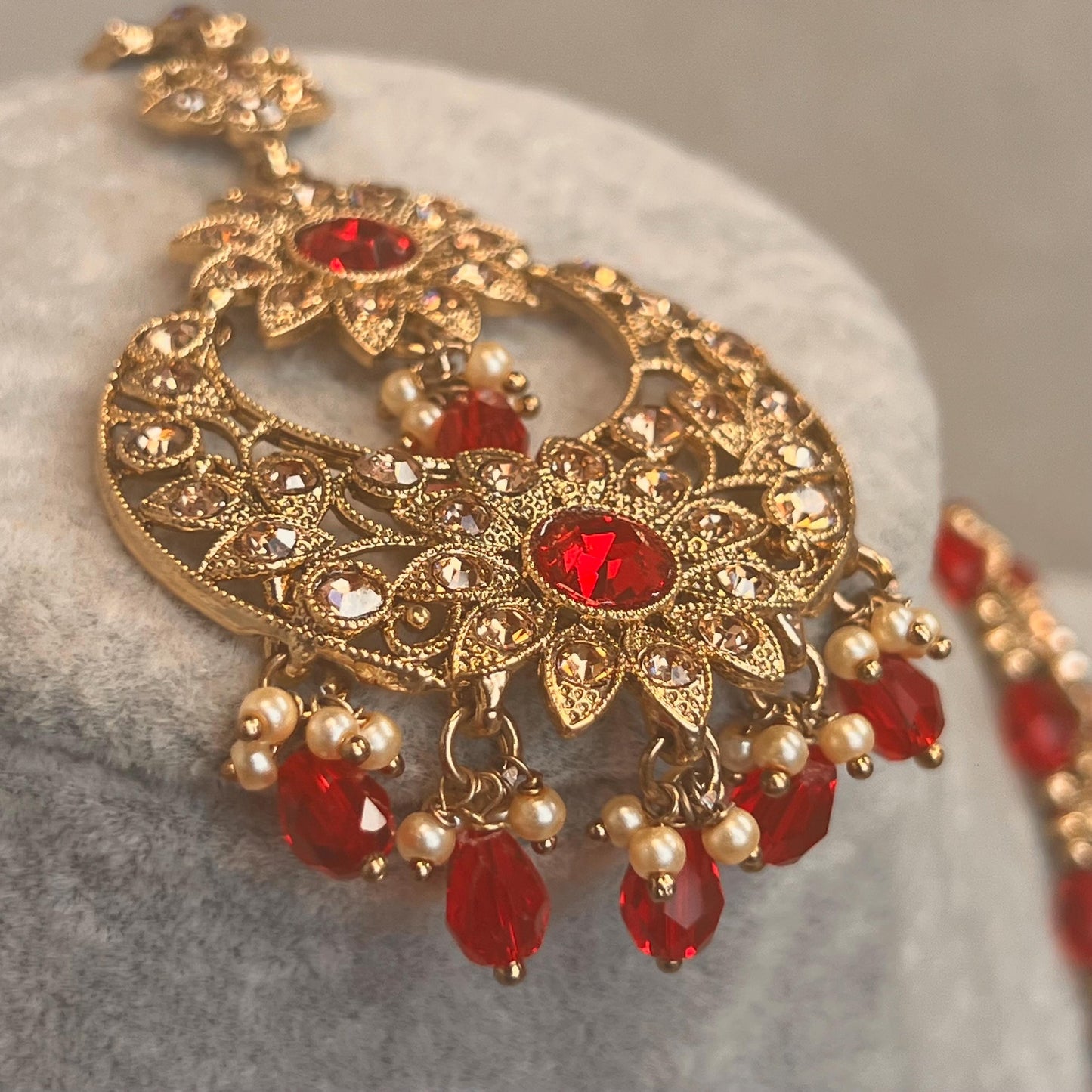 Bridal Red/Golden Long Mala/ Haar/ Long Necklace Set Earring Tikka / Unique Style/ Indian/ Pakistani/Fashion Jewellery/ Gift for her