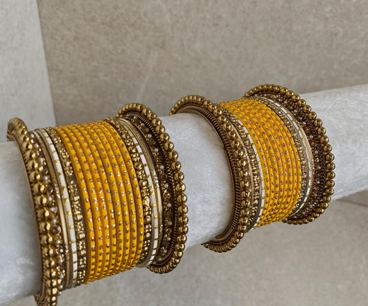 Mustard Velvet Bangle Set/Mustard Bangles/Mustard Churis/Yellow Bangle Sets/Yellow Bangles/Indian Bangles/Gold Ball Bangles