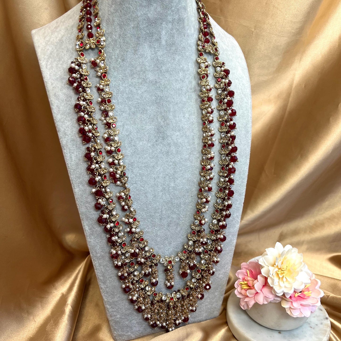 Maroon Long Necklace Mala Haar Heavy High Quality Golden Rhinestone Adjustable Indian Pakistani Bollywood Wedding Fashion Desi Jewellery
