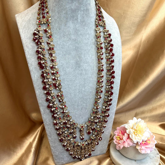 Maroon Long Necklace Mala Haar Heavy High Quality Golden Rhinestone Adjustable Indian Pakistani Bollywood Wedding Fashion Desi Jewellery
