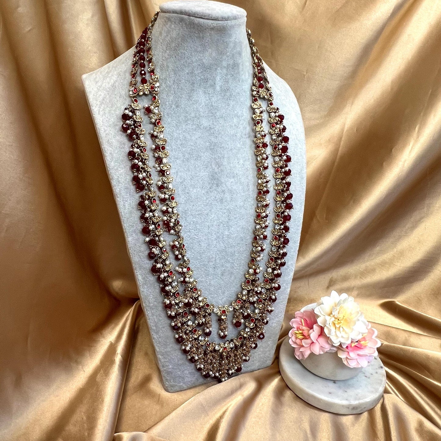 Maroon Long Necklace Mala Haar Heavy High Quality Golden Rhinestone Adjustable Indian Pakistani Bollywood Wedding Fashion Desi Jewellery