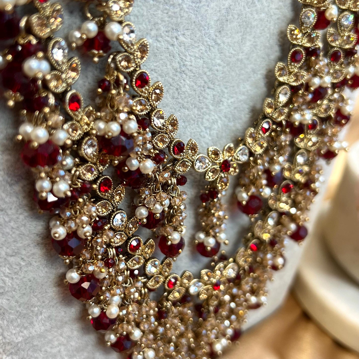 Maroon Long Necklace Mala Haar Heavy High Quality Golden Rhinestone Adjustable Indian Pakistani Bollywood Wedding Fashion Desi Jewellery