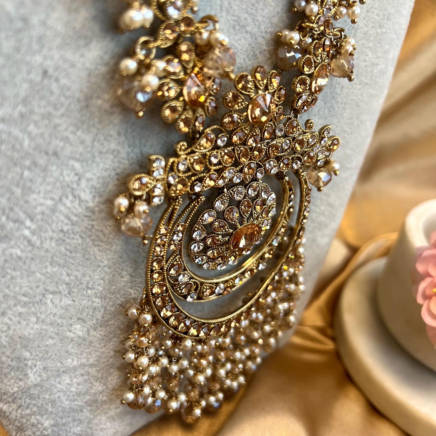 Gold Long Necklace Mala Haar Heavy High Quality Golden Rhinestone Adjustable Indian Pakistani Bollywood Wedding Fashion Desi Jewellery