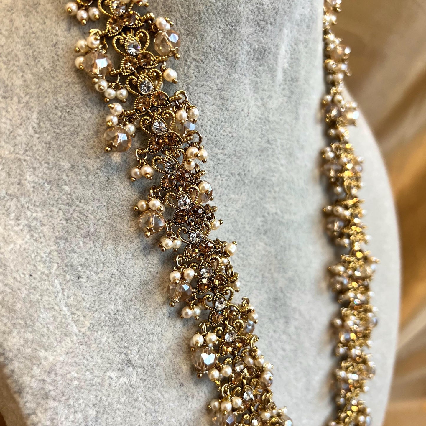 Gold Long Necklace Mala Haar Heavy High Quality Golden Rhinestone Adjustable Indian Pakistani Bollywood Wedding Fashion Desi Jewellery