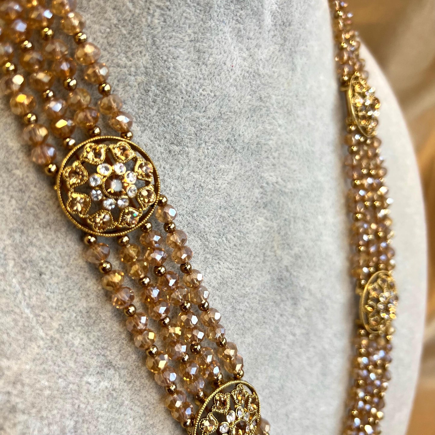 Champagne Long Necklace Mala Haar Heavy High Quality Golden Rhinestone Adjustable Indian Pakistani Bollywood Wedding Fashion Desi Jewellery