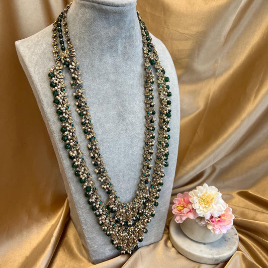Green Long Necklace Mala Haar Heavy High Quality Golden Rhinestone Adjustable Indian Pakistani Bollywood Wedding Fashion Desi Jewellery