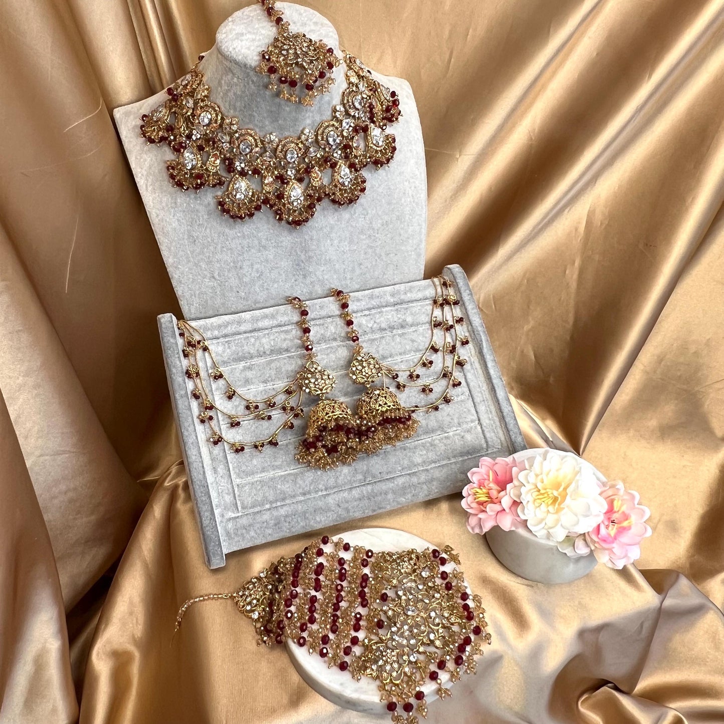 Beautiful Maroon Antique Gold Base Champagne Clear Zircon Gems Bridal Choker Set Chain Jhumka Earring, Tikka, Large Jhumar Indian Pakistani