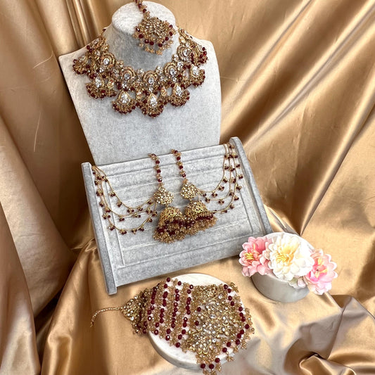 Beautiful Maroon Antique Gold Base Champagne Clear Zircon Gems Bridal Choker Set Chain Jhumka Earring, Tikka, Large Jhumar Indian Pakistani