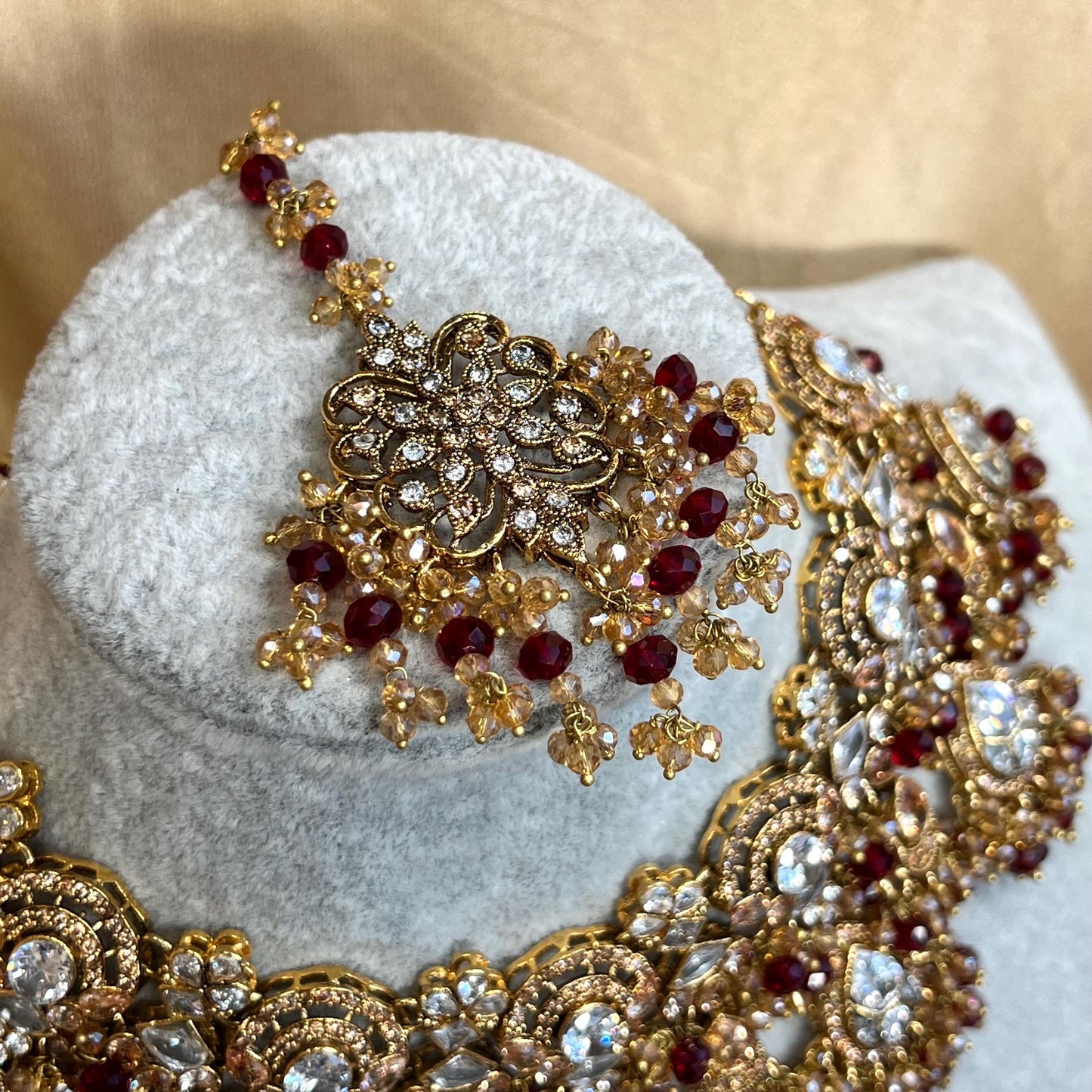 Beautiful Maroon Antique Gold Base Champagne Clear Zircon Gems Bridal Choker Set Chain Jhumka Earring, Tikka, Large Jhumar Indian Pakistani