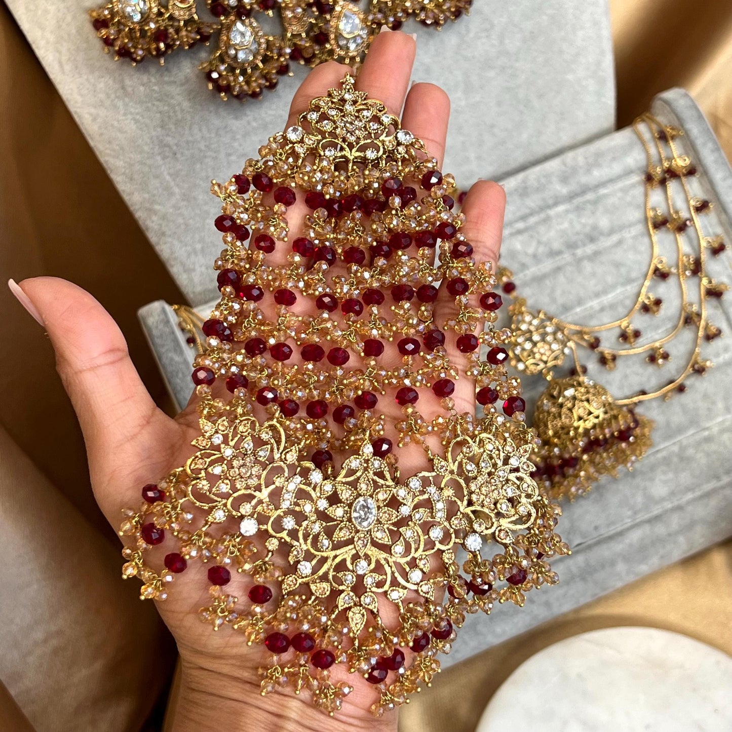 Beautiful Maroon Antique Gold Base Champagne Clear Zircon Gems Bridal Choker Set Chain Jhumka Earring, Tikka, Large Jhumar Indian Pakistani