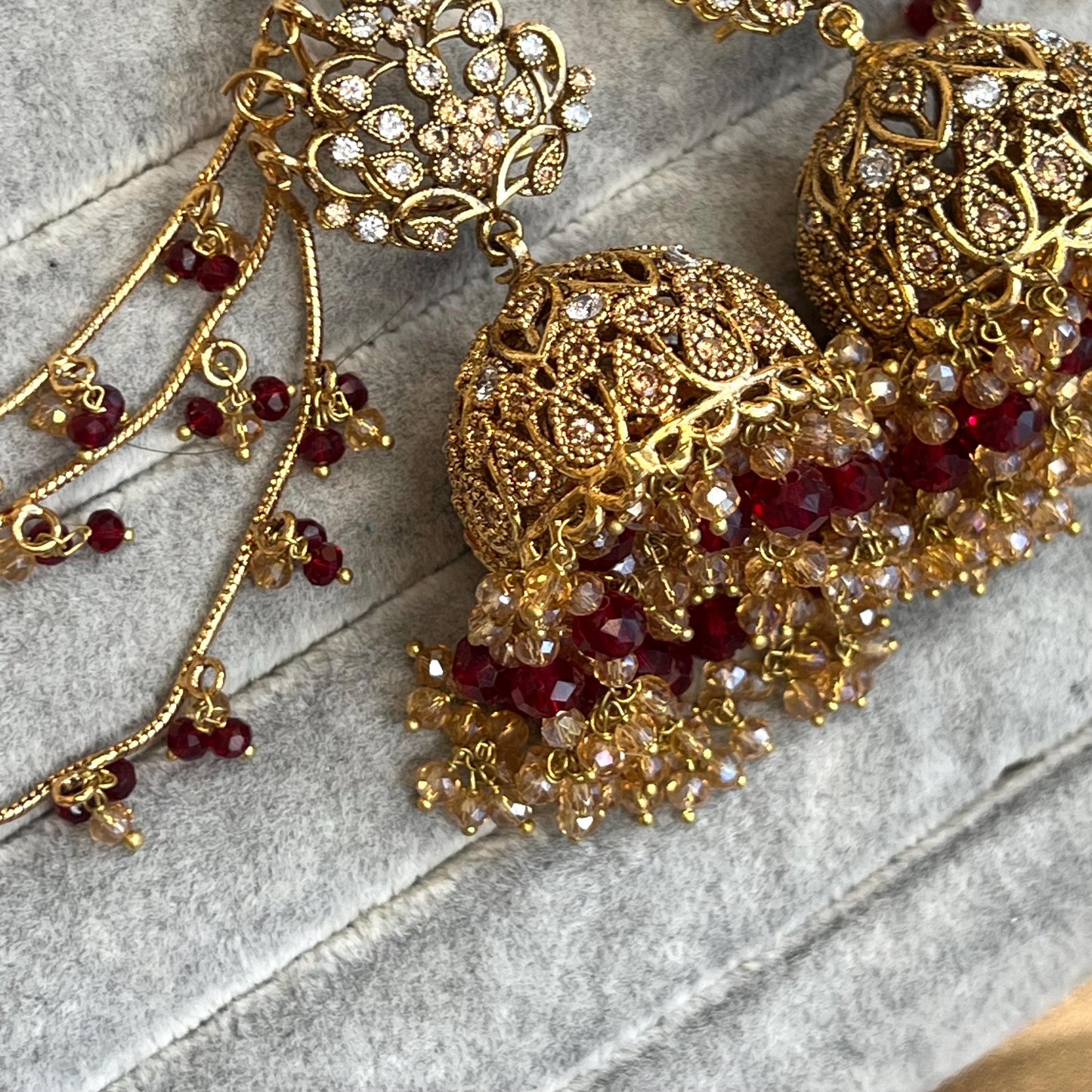 Beautiful Maroon Antique Gold Base Champagne Clear Zircon Gems Bridal Choker Set Chain Jhumka Earring, Tikka, Large Jhumar Indian Pakistani