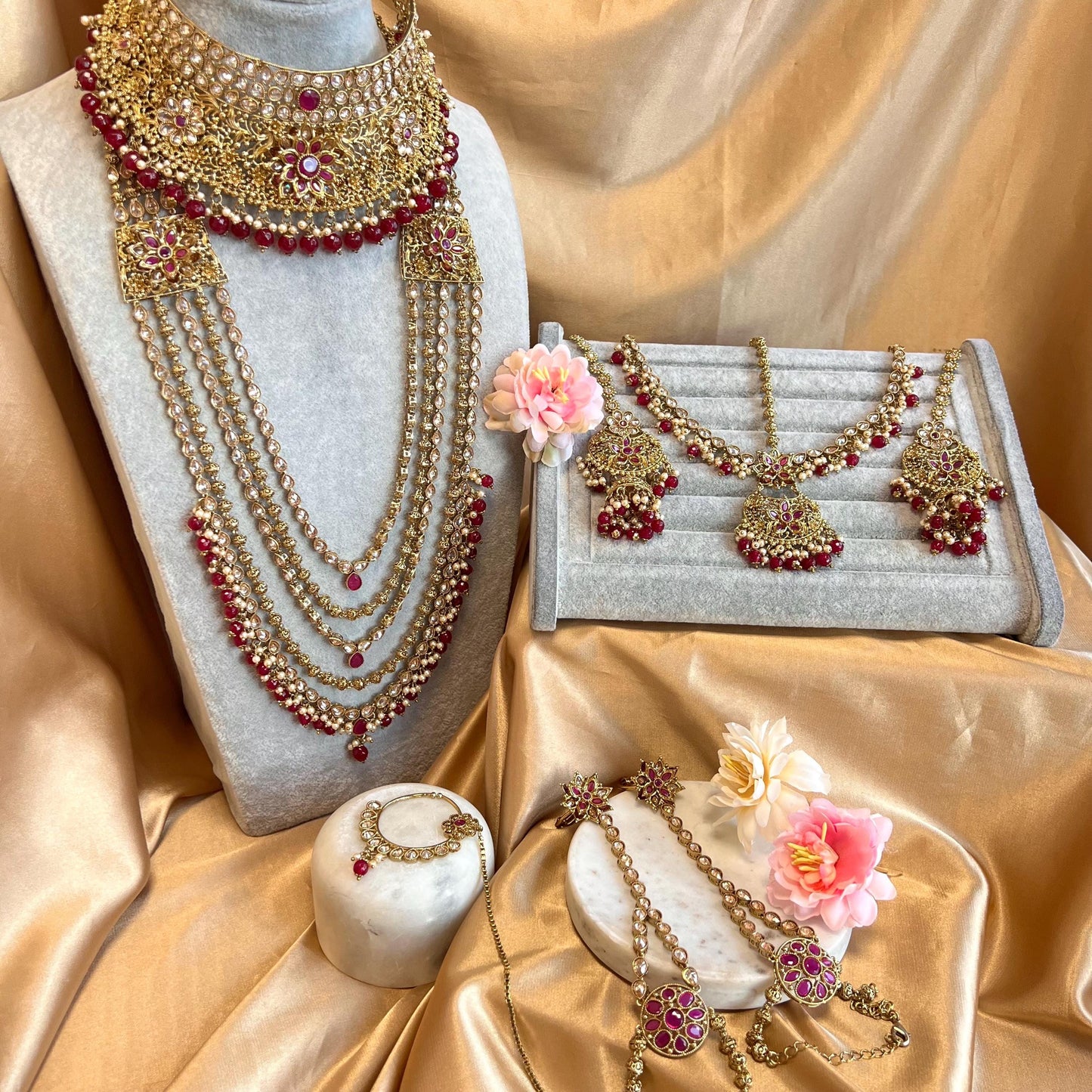 Ruby 5 Piece Antique Gold Champagne Zircon Bridal Choker Chain Jhumka Earring Mathapatti NoseRing Hand Harness High Quality Indian Pakistani