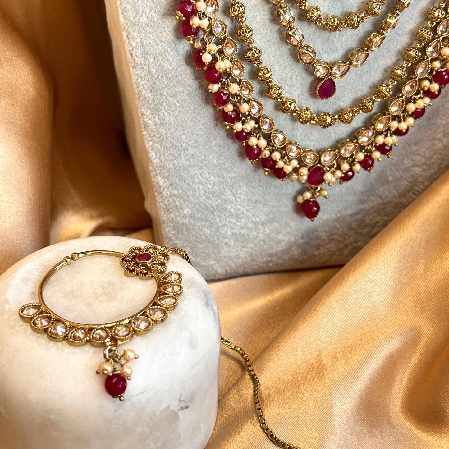 Ruby 5 Piece Antique Gold Champagne Zircon Bridal Choker Chain Jhumka Earring Mathapatti NoseRing Hand Harness High Quality Indian Pakistani