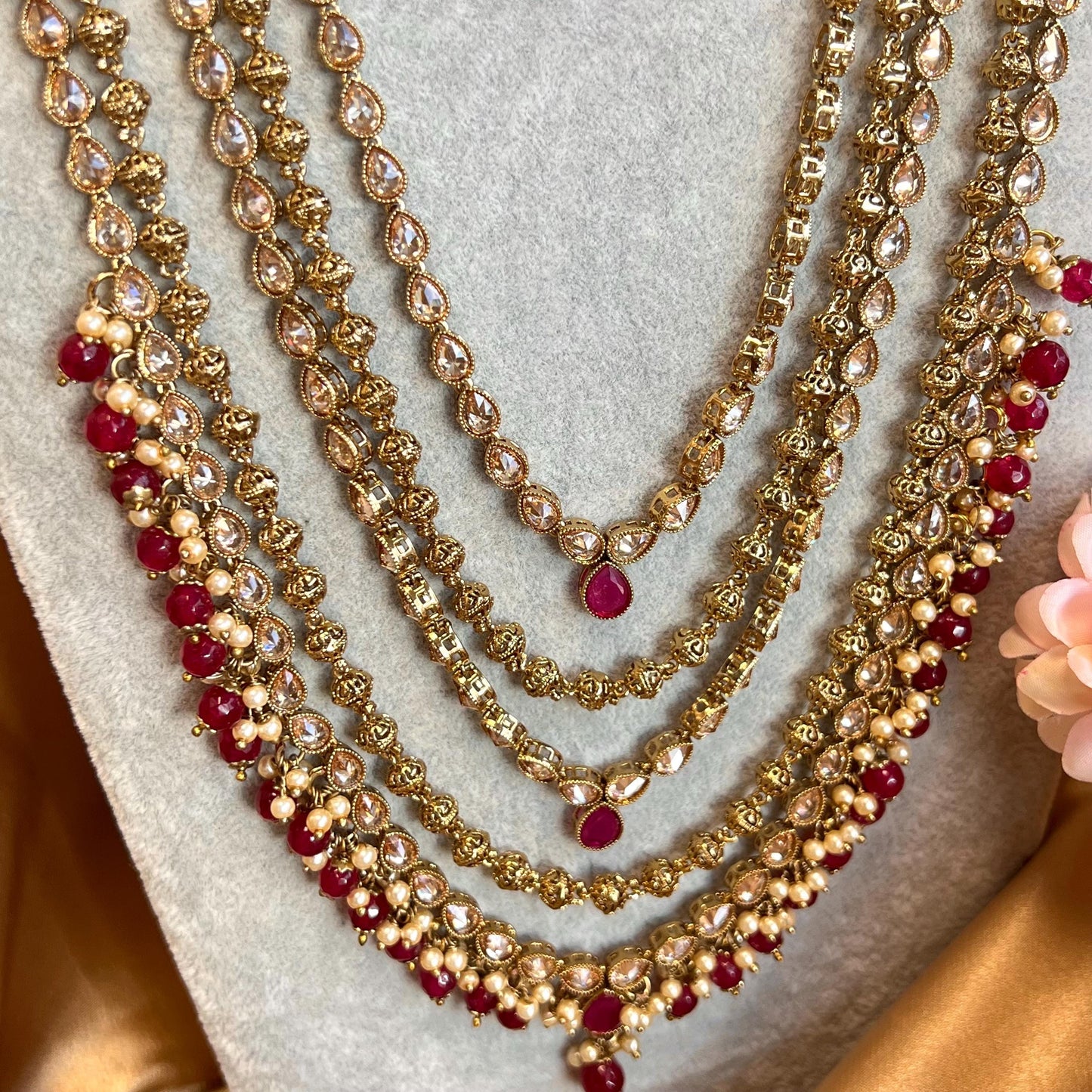 Ruby 5 Piece Antique Gold Champagne Zircon Bridal Choker Chain Jhumka Earring Mathapatti NoseRing Hand Harness High Quality Indian Pakistani
